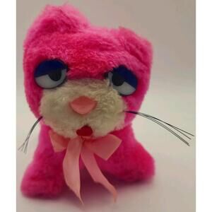 Vintage 1984 A-1 Novelty Pink Cat Plush Korea Big Eyes Neon 5" Stuffed Retro Toy